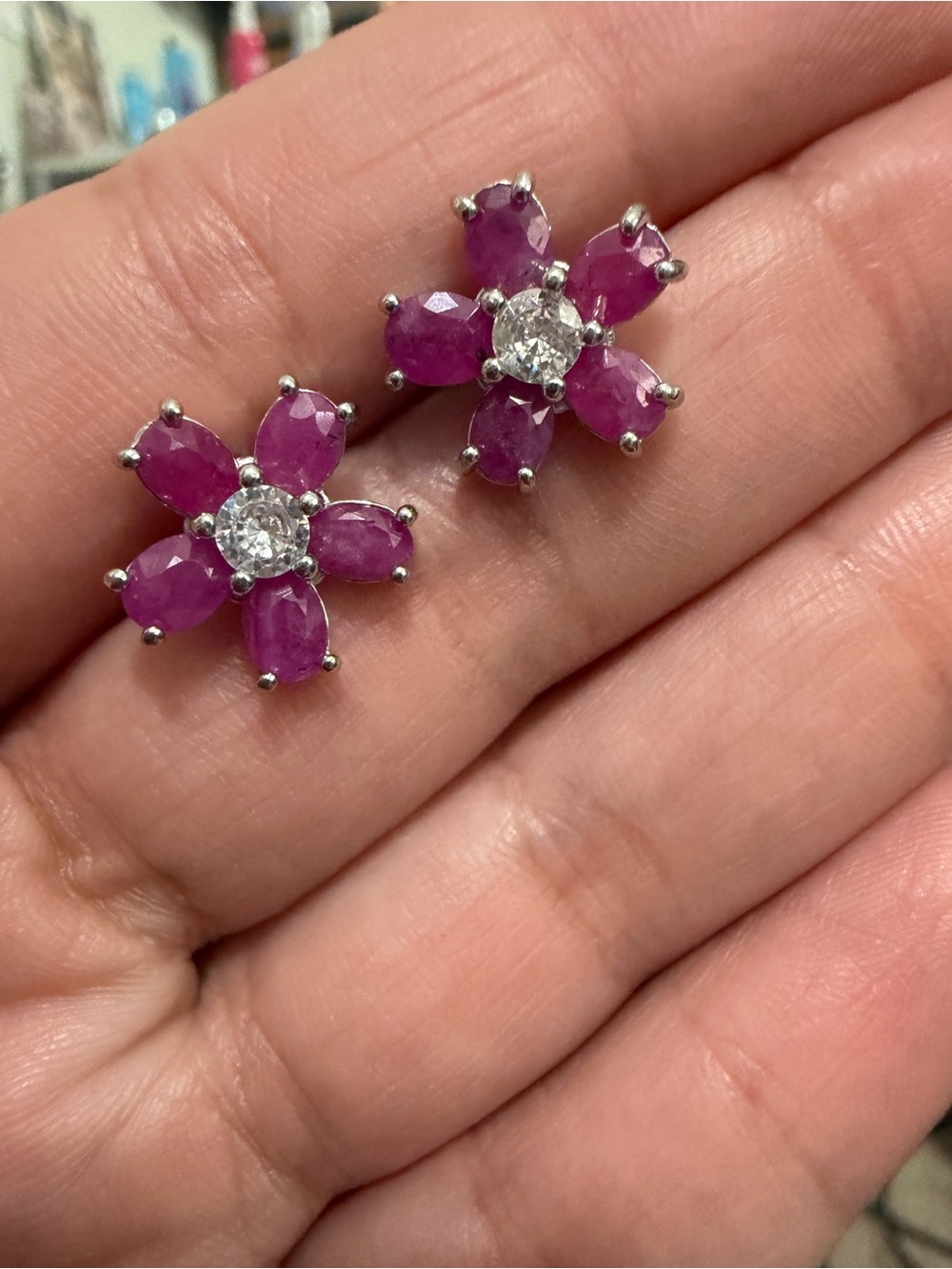 Floral Ruby and Diamond Stud Earrings - Pink Flower Design